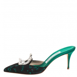 Manolo Blahnik Green/Black Lasercut Suede and Satin Borli Mules Size 37.5