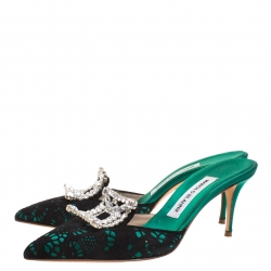 Manolo Blahnik Green/Black Lasercut Suede and Satin Borli Mules Size 37.5