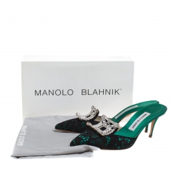 Manolo Blahnik Green/Black Lasercut Suede and Satin Borli Mules Size 37.5