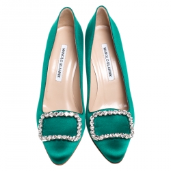 Pre Owned حذاء كعب عالي مانولو بلانيك اوليك مزخرف كريستال ساتان أخضر مقاس 37