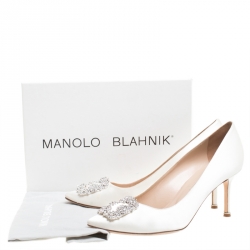 Pre Owned Manolo Blahnik White Satin Hangisi Embellished Pointed Toe Pumps Size 42
