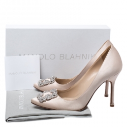 Pre Owned Manolo Blahnik Beige Satin Hangisi Pointed Toe Pumps Size 37.5