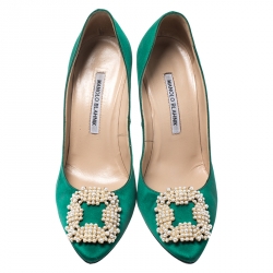 مملوكة مسبقًا Manolo Blahnik Green Satin Hangisi Embellished Pointed Toe Pumps Size 38.5