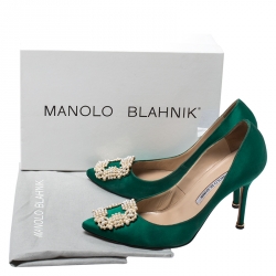 مملوكة مسبقًا Manolo Blahnik Green Satin Hangisi Embellished Pointed Toe Pumps Size 38.5