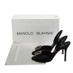 Pre Owned Manolo Blahnik Black Satin Cassia Peep Toe Slingback Sandals Size 36