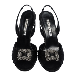 Pre Owned Manolo Blahnik Black Satin Cassia Peep Toe Slingback Sandals Size 36