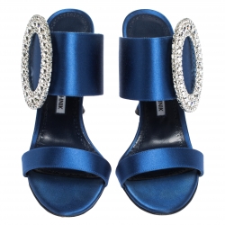 Pre Owned  صدل سلايد مانولو بلانيك "فيبيونا" مزخرف بكريستال ساتان أزرق مقاس 38