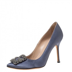 Pre Owned Manolo Blahnik Metallic Ash Grey Satin Hangisi Crystal Embellished Pumps Size 37.5