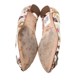 Pre Owned حذاء باليرينا فلات مانولو بلانيك هاينغيسي مزخرف بكريستال ساتان مطبوع فراشة أبيض مقاس 37.5