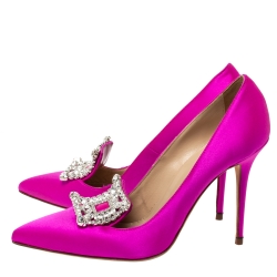 Pre Owned Manolo Blahnik Fuschia Crystal Embellished Satin Borlak Pumps Size 38