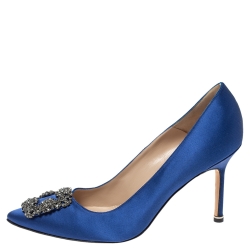 مملوكة مسبقًا حذاء كعب عالي مانولو بلانيك هانغيسي مرصع ساتان اصفر مقاس 39.5