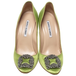 Pre Owned Manolo Blahnik Green Satin Hangisi Crystal Embellished Pumps Size 40