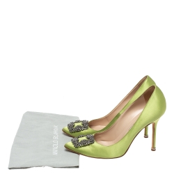 Pre Owned Manolo Blahnik Green Satin Hangisi Crystal Embellished Pumps Size 40