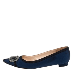 Pre Owned Manolo Blahnik Blue Fabric Hangisi Crystal Embellished Ballet Flats Size 39.5