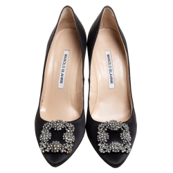 Pre Owned Manolo Blahnik Black Satin Hangisi Pumps Size 38