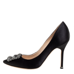 Pre Owned Manolo Blahnik Black Satin Hangisi Pumps Size 38