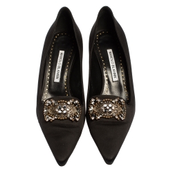 Pre Owned Manolo Blahnik Black Satin Embellished Pumps Size 37