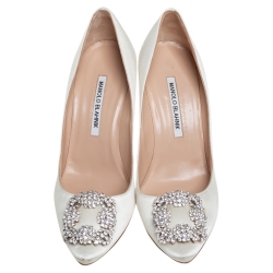 Pre Owned Manolo Blahnik White Satin Hangisi Crystal Embellished Pumps Size 38