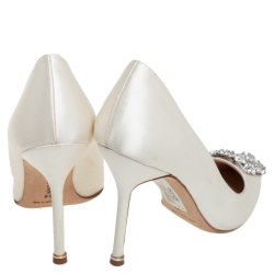 Pre Owned Manolo Blahnik White Satin Hangisi Crystal Embellished Pumps Size 38