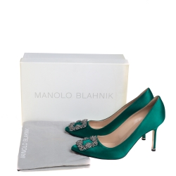 Pre Owned Manolo Blahnik Green Satin Hangisi Pumps Size 38