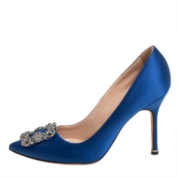 Pre Owned Manolo Blahnik Blue Satin Hangisi Pumps Size 37.5