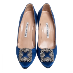 Pre Owned Manolo Blahnik Blue Satin Hangisi Pumps Size 37.5