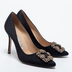 Pre Owned Manolo Blahnik Black Satin Hangisi Pumps Size 36.5