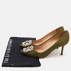 Manolo Blahnik Green Satin Hangisi Crystal Embellished Pumps Size 37.5
