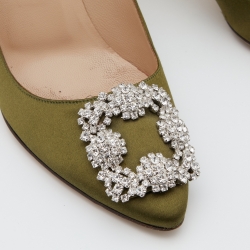 Manolo Blahnik Green Satin Hangisi Crystal Embellished Pumps Size 37.5