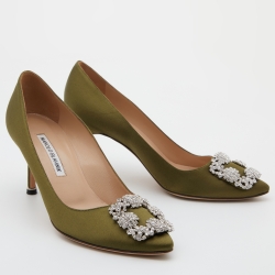Manolo Blahnik Green Satin Hangisi Crystal Embellished Pumps Size 37.5