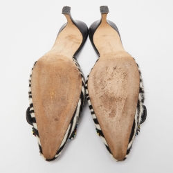 Pre Owned Manolo Blahnik Black/White Zebra Print Calf Hair Beaded Mafrisa Mules Size 37.5