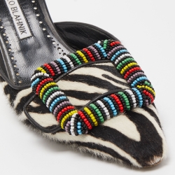 Pre Owned Manolo Blahnik Black/White Zebra Print Calf Hair Beaded Mafrisa Mules Size 37.5