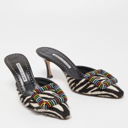 Pre Owned Manolo Blahnik Black/White Zebra Print Calf Hair Beaded Mafrisa Mules Size 37.5