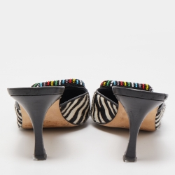 Pre Owned Manolo Blahnik Black/White Zebra Print Calf Hair Beaded Mafrisa Mules Size 37.5