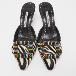 Pre Owned Manolo Blahnik Black/White Zebra Print Calf Hair Beaded Mafrisa Mules Size 37.5