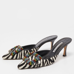 Pre Owned Manolo Blahnik Black/White Zebra Print Calf Hair Beaded Mafrisa Mules Size 37.5