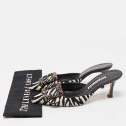 Pre Owned Manolo Blahnik Black/White Zebra Print Calf Hair Beaded Mafrisa Mules Size 37.5