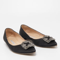Pre Owned Manolo Blahnik Black Satin Hangisi Ballet Flats Size 42