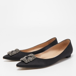 Pre Owned Manolo Blahnik Black Satin Hangisi Ballet Flats Size 42