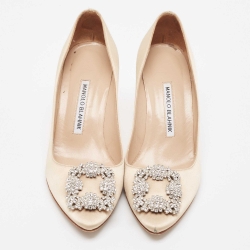 Pre Owned Manolo Blahnik Beige Satin Hangisi Pumps Size 37.5