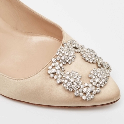 Pre Owned Manolo Blahnik Beige Satin Hangisi Pumps Size 37.5