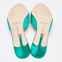 Pre Owned Manolo Blahnik Green Satin Hangisi Mules Size 37.5