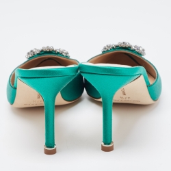 Pre Owned Manolo Blahnik Green Satin Hangisi Mules Size 37.5