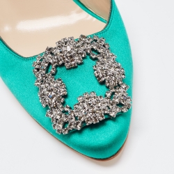Pre Owned Manolo Blahnik Green Satin Hangisi Mules Size 37.5