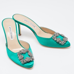 Pre Owned Manolo Blahnik Green Satin Hangisi Mules Size 37.5