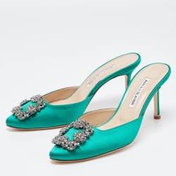 Pre Owned Manolo Blahnik Green Satin Hangisi Mules Size 37.5