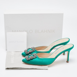 Pre Owned Manolo Blahnik Green Satin Hangisi Mules Size 37.5