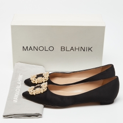 Pre Owned Manolo Blahnik Black Satin Hangisi Ballet Flats Size 37.5