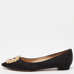 Pre Owned Manolo Blahnik Black Satin Hangisi Ballet Flats Size 37.5