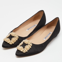 Pre Owned Manolo Blahnik Black Satin Hangisi Ballet Flats Size 37.5